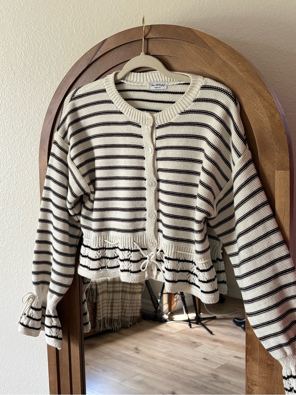 Miss Selfridge Cream and Black Striped Drawstring Hem Cardigan